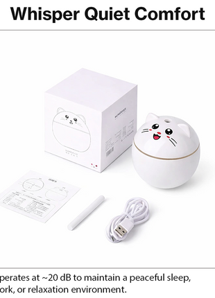 Cat Shape Mini Humidifier with RGB Night Light, USB-C Rechargeable Cool Mist Aroma Diffuser, 20 dB Quiet, Auto Shut-Off, 100×70×100 mm