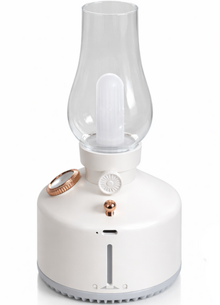 Ultrasonic Air Humidifier with Night Lamp, Aromatherapy, 280 ml Tank, USB-C Rechargeable 1200 mAh Battery, 2 Mist Modes, Portable White Retro Oil Lamp