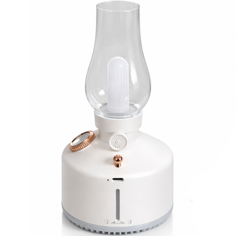 Ultrasonic Air Humidifier with Night Lamp, Aromatherapy, 280 ml Tank, USB-C Rechargeable 1200 mAh Battery, 2 Mist Modes, Portable White Retro Oil Lamp