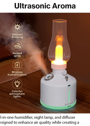 Ultrasonic Air Humidifier with Night Lamp, Aromatherapy, 280 ml Tank, USB-C Rechargeable 1200 mAh Battery, 2 Mist Modes, Portable White Retro Oil Lamp