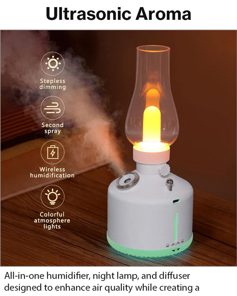 Ultrasonic Air Humidifier with Night Lamp, Aromatherapy, 280 ml Tank, USB-C Rechargeable 1200 mAh Battery, 2 Mist Modes, Portable White Retro Oil Lamp