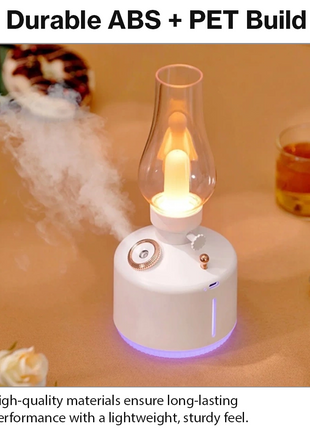 Ultrasonic Air Humidifier with Night Lamp, Aromatherapy, 280 ml Tank, USB-C Rechargeable 1200 mAh Battery, 2 Mist Modes, Portable White Retro Oil Lamp