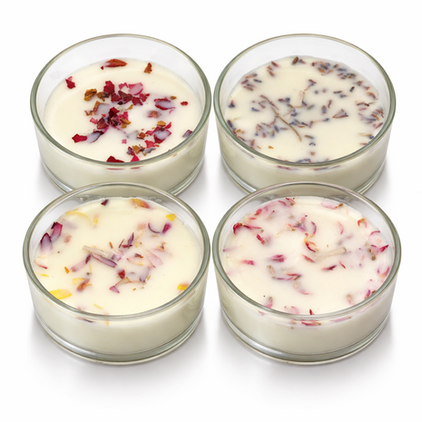 Set of 4 Rose-Scented Candles in Glass Cups with Real Dried Petals, for Home Décor, Relaxation, Spa Ambiance & Gifting