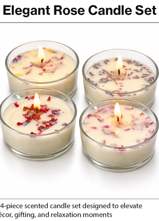 Set of 4 Rose-Scented Candles in Glass Cups with Real Dried Petals, for Home Décor, Relaxation, Spa Ambiance & Gifting
