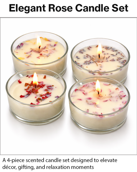 Set of 4 Rose-Scented Candles in Glass Cups with Real Dried Petals, for Home Décor, Relaxation, Spa Ambiance & Gifting