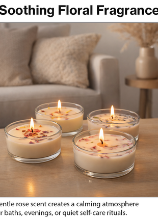 Set of 4 Rose-Scented Candles in Glass Cups with Real Dried Petals, for Home Décor, Relaxation, Spa Ambiance & Gifting