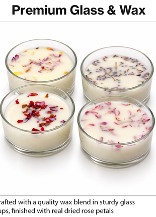 Set of 4 Rose-Scented Candles in Glass Cups with Real Dried Petals, for Home Décor, Relaxation, Spa Ambiance & Gifting