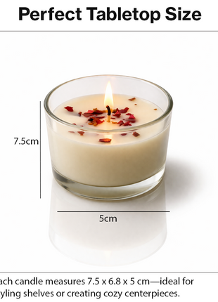 Set of 4 Rose-Scented Candles in Glass Cups with Real Dried Petals, for Home Décor, Relaxation, Spa Ambiance & Gifting