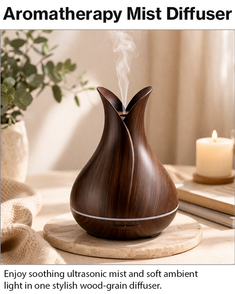 500 mL Ultrasonic Aroma Diffuser Wood Grain LED Mist Humidifier 4 Timer Modes Auto Shut-Off for Home Bedroom Office Spa Relaxation