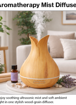 500 mL Ultrasonic Aroma Diffuser Wood Grain LED Mist Humidifier 4 Timer Modes Auto Shut-Off for Home Bedroom Office Spa Relaxation