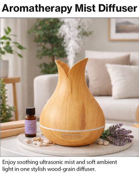 500 mL Ultrasonic Aroma Diffuser Wood Grain LED Mist Humidifier 4 Timer Modes Auto Shut-Off for Home Bedroom Office Spa Relaxation