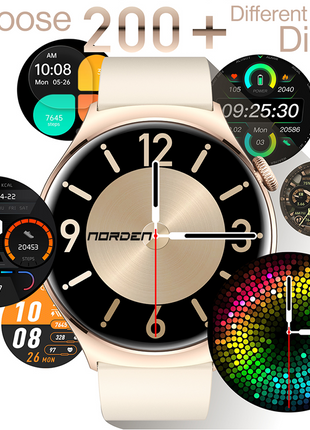 Norden Aspire Smart Watch, 1.43" AMOLED Display, Heart Rate, Oxygen Monitoring, IP68 Waterproof, Bluetooth 5.2, Fitness Tracker with AI Voice Assistant, Music Control, and 7-Day Standby Time - Gold
