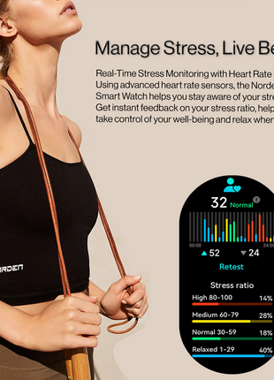 Norden Aspire Smart Watch, 1.43" AMOLED Display, Heart Rate, Oxygen Monitoring, IP68 Waterproof, Bluetooth 5.2, Fitness Tracker with AI Voice Assistant, Music Control, and 7-Day Standby Time - Gold