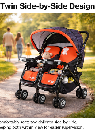 Twin Baby Stroller Side-by-Side with Reclining Seats, Shock-Absorbing Wheels, Foldable Lightweight Frame
