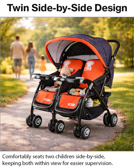 Twin Baby Stroller Side-by-Side with Reclining Seats, Shock-Absorbing Wheels, Foldable Lightweight Frame