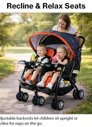 Twin Baby Stroller Side-by-Side with Reclining Seats, Shock-Absorbing Wheels, Foldable Lightweight Frame