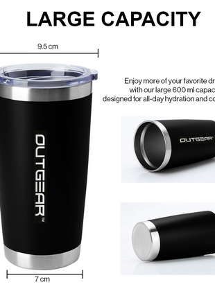 OutGear 600ml Stainless Steel Thermal Travel Mug – Double-Wall Insulated, BPA-Free Sliding Lid, Hot & Cold Retention, Fits Car Cup Holders - Black