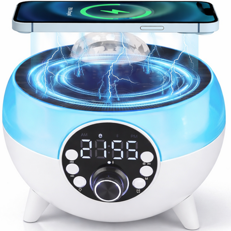 Wireless Bluetooth Speaker with Wireless Charging Pad, 3000 mAh Battery, RGB Light, Alarm Clock, FM Radio, USB/TF Playback, 30 W