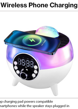 Wireless Bluetooth Speaker with Wireless Charging Pad, 3000 mAh Battery, RGB Light, Alarm Clock, FM Radio, USB/TF Playback, 30 W