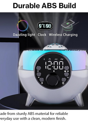 Wireless Bluetooth Speaker with Wireless Charging Pad, 3000 mAh Battery, RGB Light, Alarm Clock, FM Radio, USB/TF Playback, 30 W