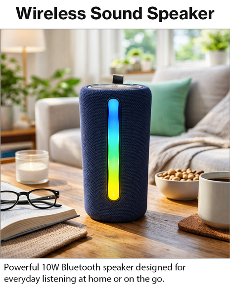 Portable Bluetooth Speaker 10W RGB LED USB-C Rechargeable 1200mAh Battery TWS Pairing TF Card Hands-Free Calling