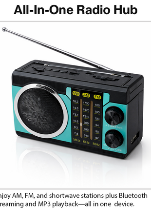 Portable 3-Band AM/FM/SW Radio Bluetooth 5.4 USB/TF Light