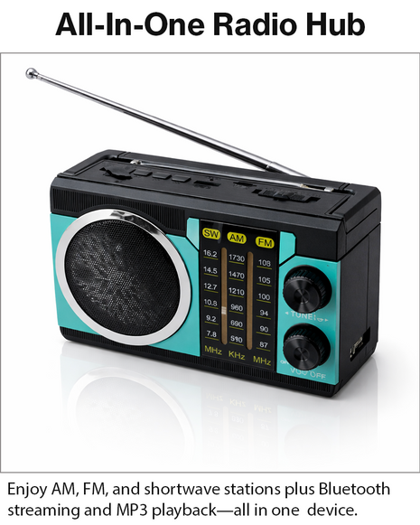 Portable 3-Band AM/FM/SW Radio Bluetooth 5.4 USB/TF Light