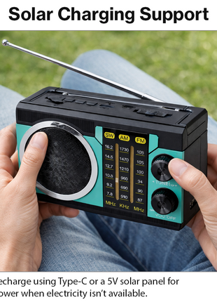 Portable 3-Band AM/FM/SW Radio Bluetooth 5.4 USB/TF Light