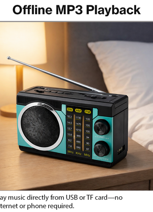 Portable 3-Band AM/FM/SW Radio Bluetooth 5.4 USB/TF Light