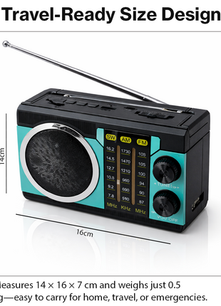 Portable 3-Band AM/FM/SW Radio Bluetooth 5.4 USB/TF Light