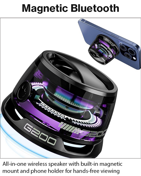 G200 Magnetic Bluetooth 5.3 Speaker with RGB Lights, Phone Holder, IPX5 Waterproof, Driver, 7H Playtimeme, Portable Mini Speaker
