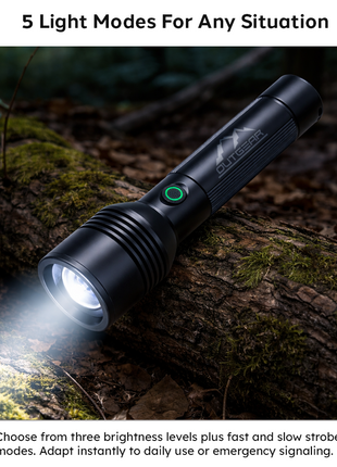 OUTGEAR Rechargeable LED Flashlight 2200mAh USB-C 5 Modes Black 16.5cm 200g with Arm Strap