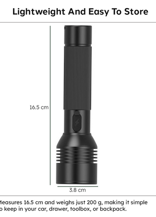 OUTGEAR Rechargeable LED Flashlight 2200mAh USB-C 5 Modes Black 16.5cm 200g with Arm Strap
