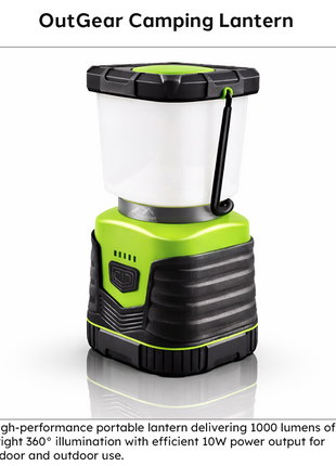 OutGear Rechargeable Camping Lantern 10W 1000lm USB 5V 4400mAh IP54 360° Warm & Cool Light Black/Green