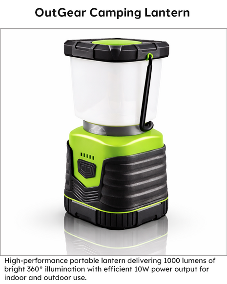 OutGear Rechargeable Camping Lantern 10W 1000lm USB 5V 4400mAh IP54 360° Warm & Cool Light Black/Green