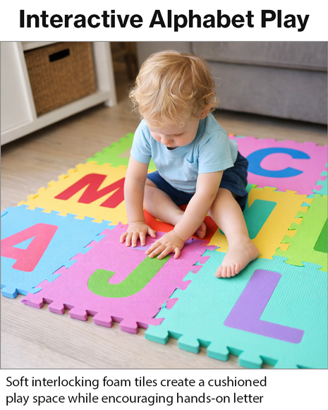 Alphabet Interlocking Foam Floor Mats 10 Pack  Non-Toxic EVA Kids Puzzle Tiles Play Area Exercise Flooring Set