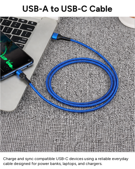 Rapid Series USB-A to USB-C Fast Charging & Data Cable, Braided Nylon, Tinned Copper Core, Aluminum Alloy Connectors, Over-Voltage Protection
