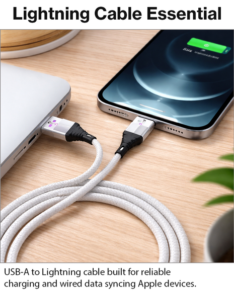 Short iPhone Charger Cable White Nylon Fast Charge Syn