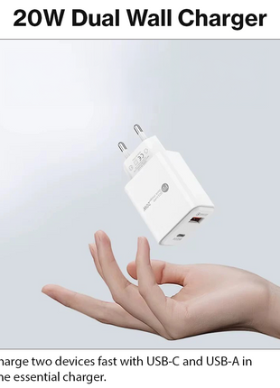 20W Dual USB Wall Charger – Fast Charging Block with USB-C & USB-A – Compact ABS – 2-Pin Plug