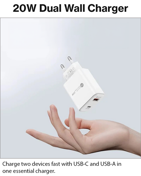 20W Dual USB Wall Charger – Fast Charging Block with USB-C & USB-A – Compact ABS – 2-Pin Plug