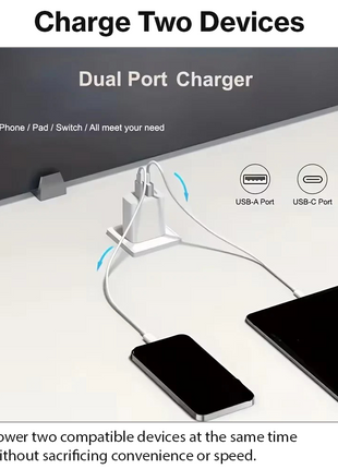 20W Dual USB Wall Charger – Fast Charging Block with USB-C & USB-A – Compact ABS – 2-Pin Plug