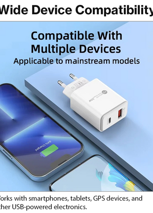 20W Dual USB Wall Charger – Fast Charging Block with USB-C & USB-A – Compact ABS – 2-Pin Plug