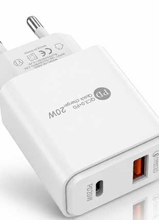 Dual USB Wall Charger  – 20W USB-C PD + 18W USB-A – EU Plug
