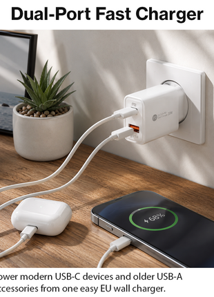 Dual USB Wall Charger  – 20W USB-C PD + 18W USB-A – EU Plug