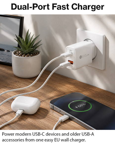 Dual USB Wall Charger  – 20W USB-C PD + 18W USB-A – EU Plug