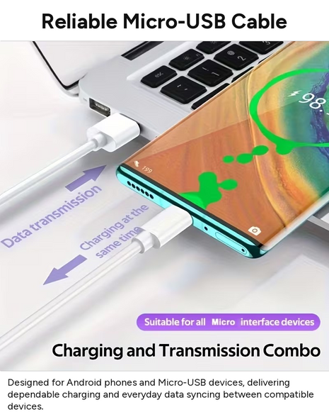 Micro USB Charging & Data Cable 80 cm Nylon Braided USB-A to Micro-USB Durable Sync Cable for Android Phones White