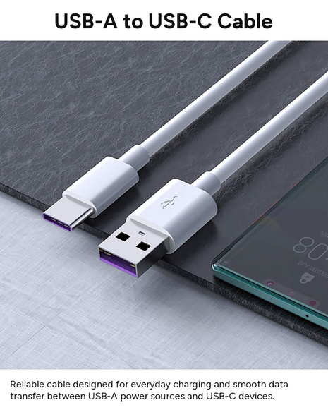 USB-A to USB-C Charging & Data Cable 80 cm Nylon Durable Travel Cable for USB-C Smartphones Tablets GPS MP4 Devices White