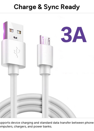 Micro USB Charging & Data Cable 80 cm Nylon Braided USB-A to Micro-USB Durable Sync Cable for Android Phones White