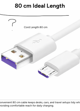 Micro USB Charging & Data Cable 80 cm Nylon Braided USB-A to Micro-USB Durable Sync Cable for Android Phones White