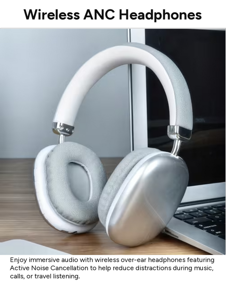 Wireless Over-Ear Bluetooth Headphones ANC, 800mAh, 90h Music/Call Time, Touch Control, TF/AUX/FM, Type-C, IPX4- White
